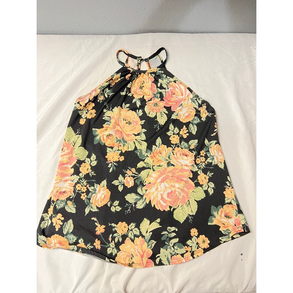 First Love Floral Halter Neck Tank Top Black Peach‎ Yellow Rose Print High Neck